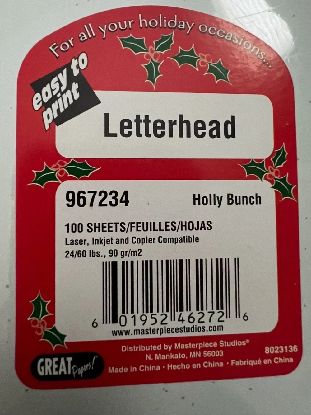 💥Letterhead Holiday Holly Bunch Stationery Printer Paper Art 100 Sheets